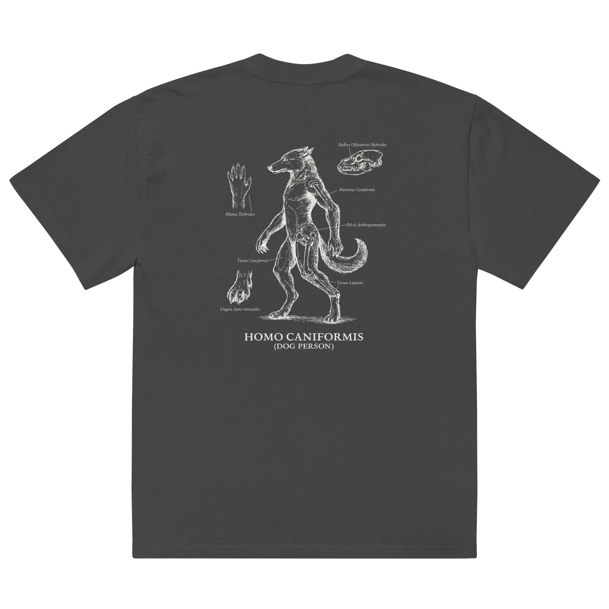 Dark gray t-shirt with white graphic design on the back featuring a dog-like creature labeled 'Homo Caniformis'.
