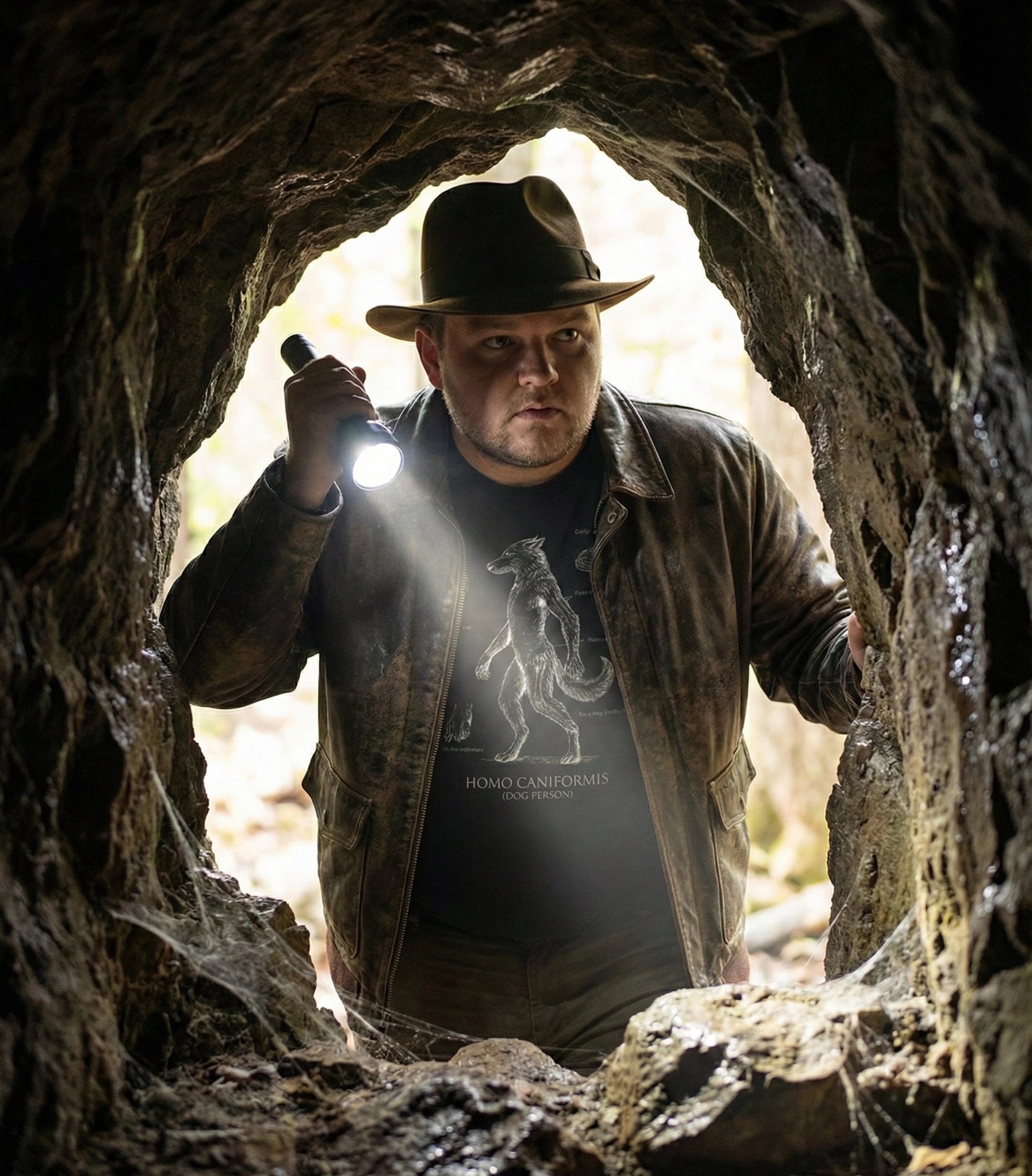 Man with a flashlight exploring a cave