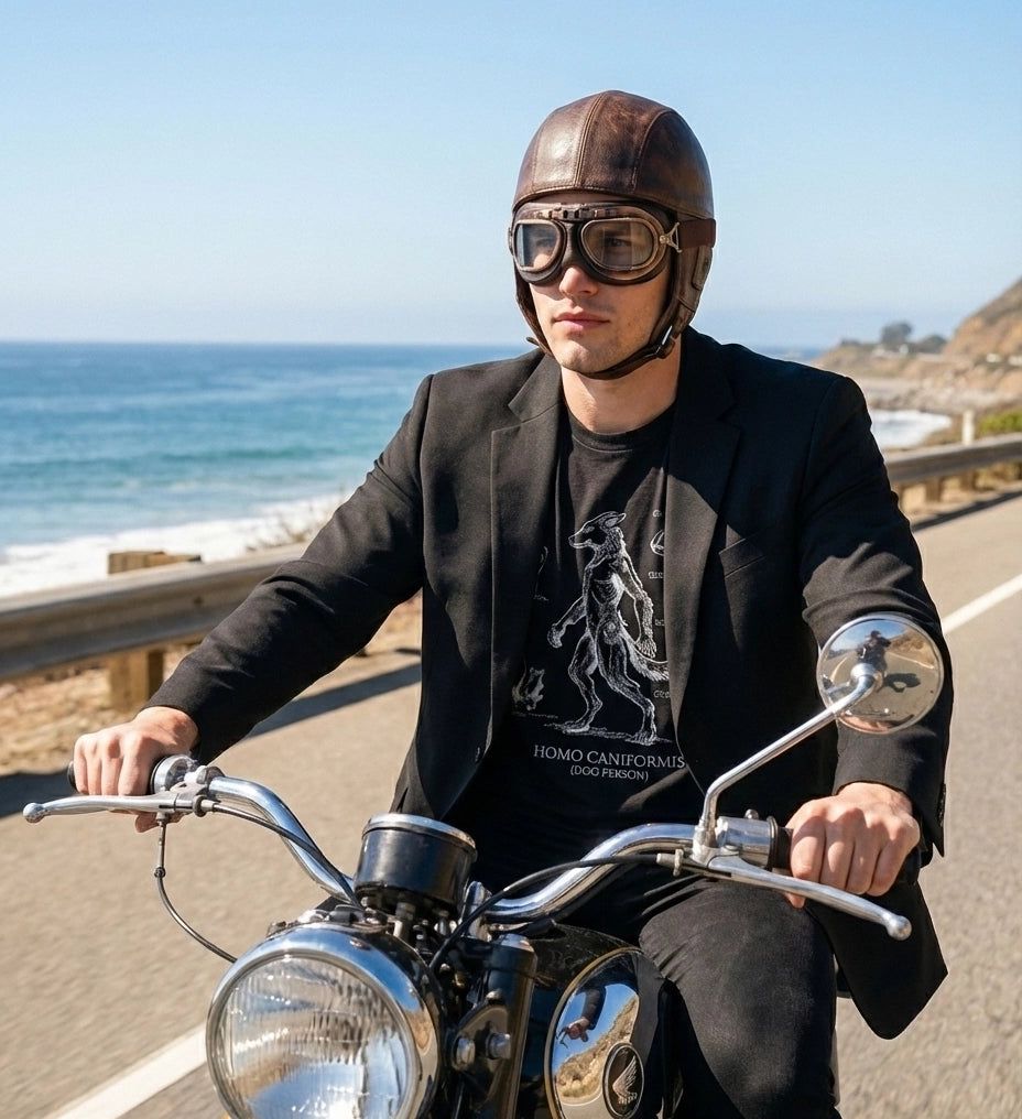 Man riding a motorcycle by the ocean with a clear sky.