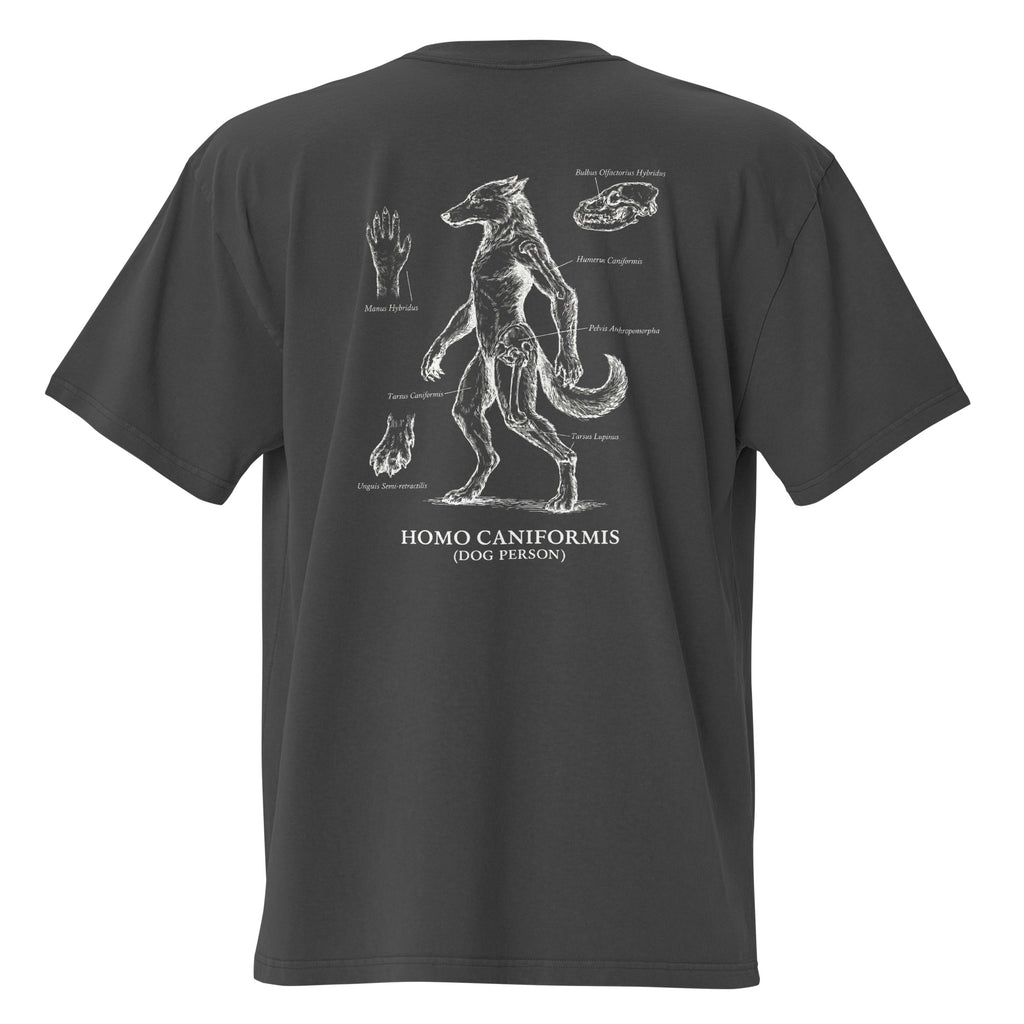 Black t-shirt with white graphic design on the back, featuring a creature labeled 'Homo Caniformis'.