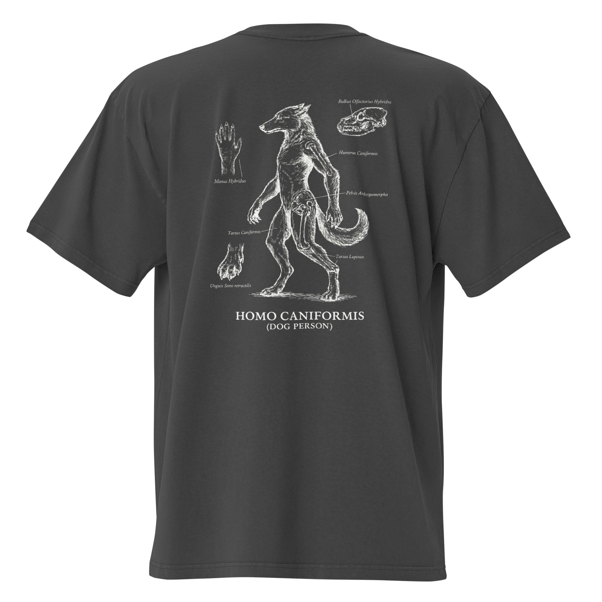 Black t-shirt with white graphic design on the back, featuring a creature labeled 'Homo Caniformis'.