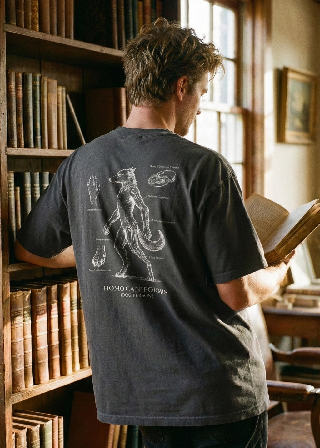 Person wearing a t-shirt with a design in a library setting