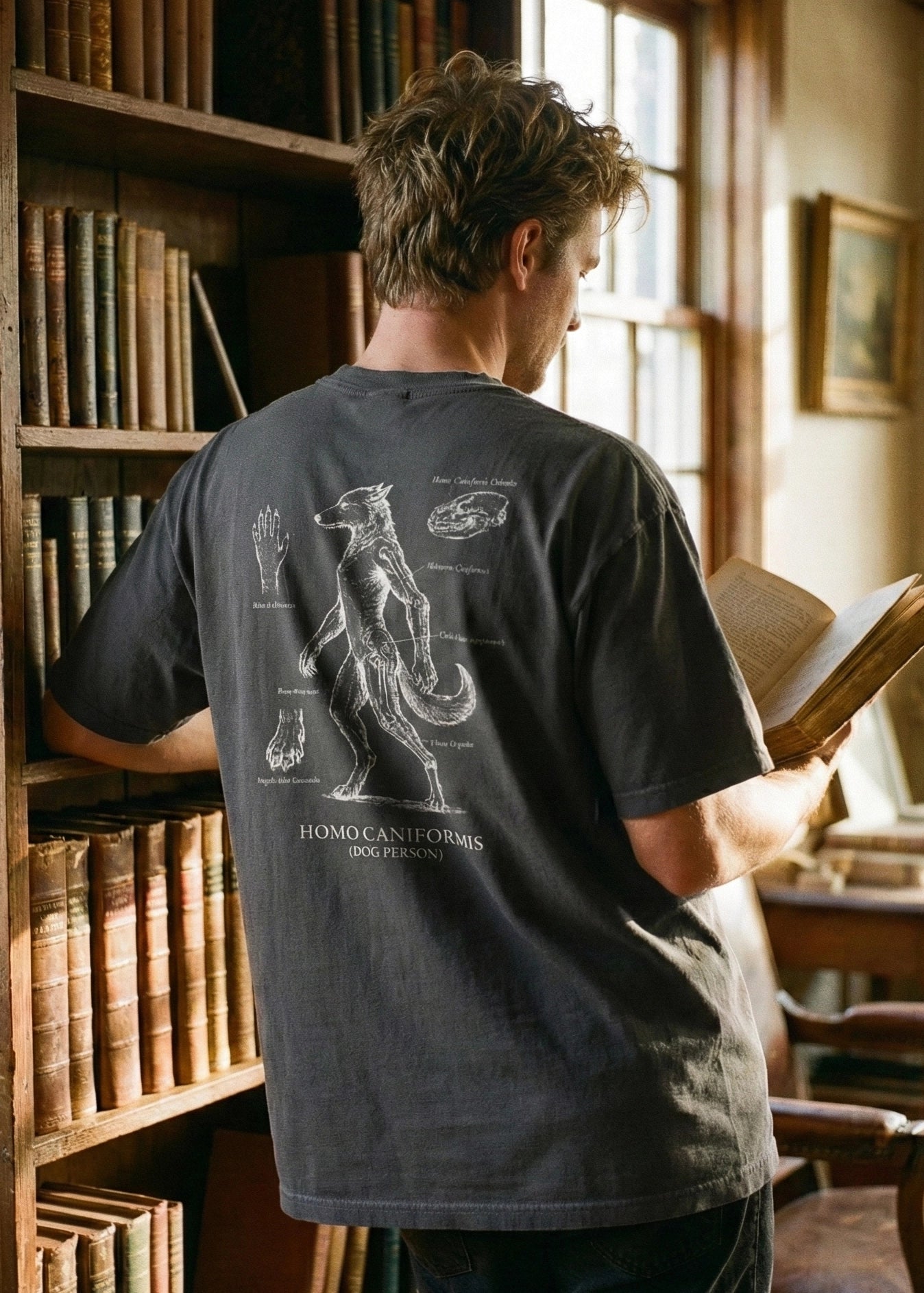 Person wearing a t-shirt with a design in a library setting