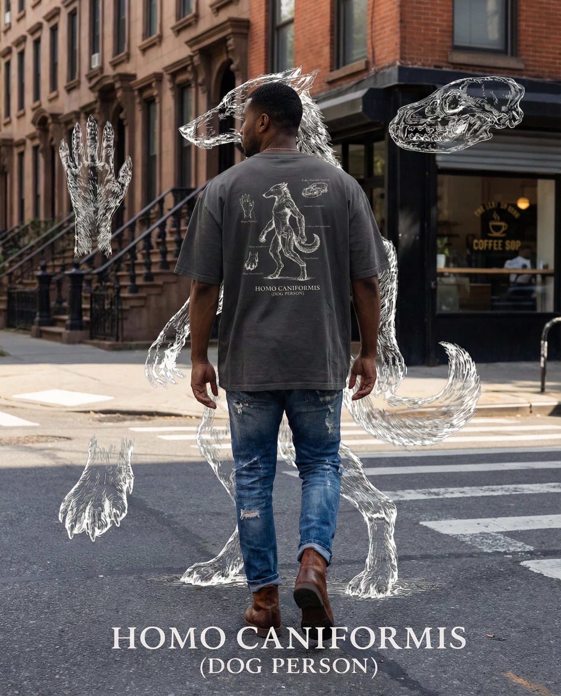 Person wearing a t-shirt with 'Homo Caniformis' design on a city street.