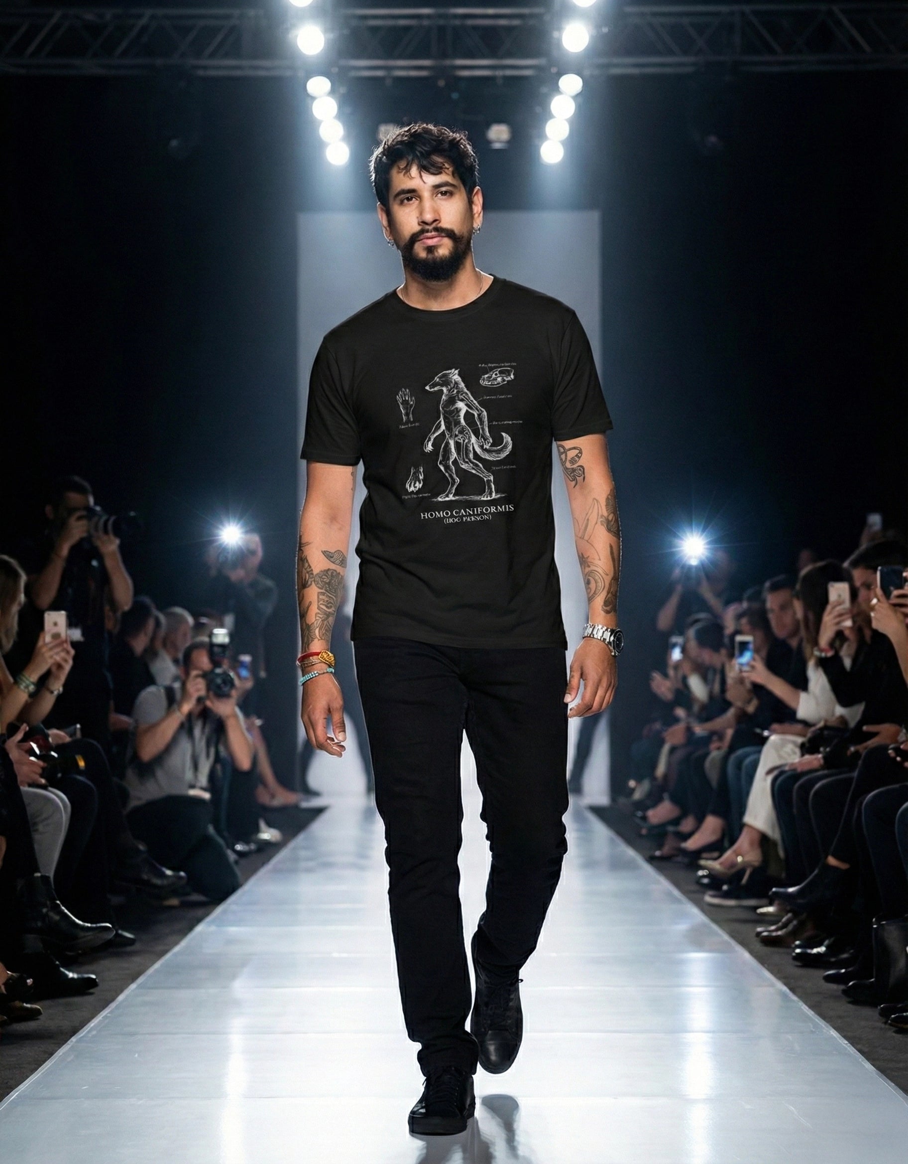 Man walking on a fashion show runway wearing a black t-shirt and pants.