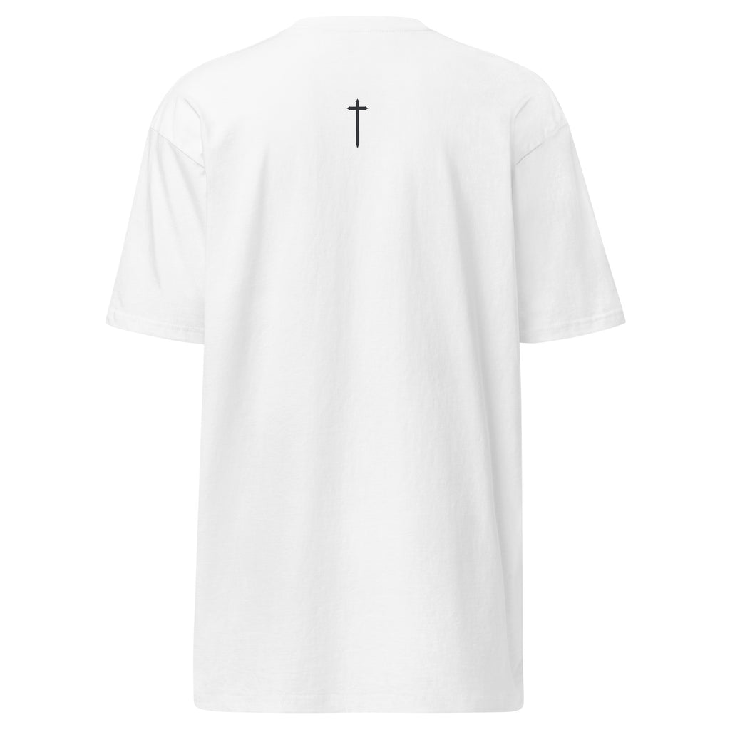 White t-shirt with a small charcoal colored cross that also looks like a sword located on the upper mid-back against a white background