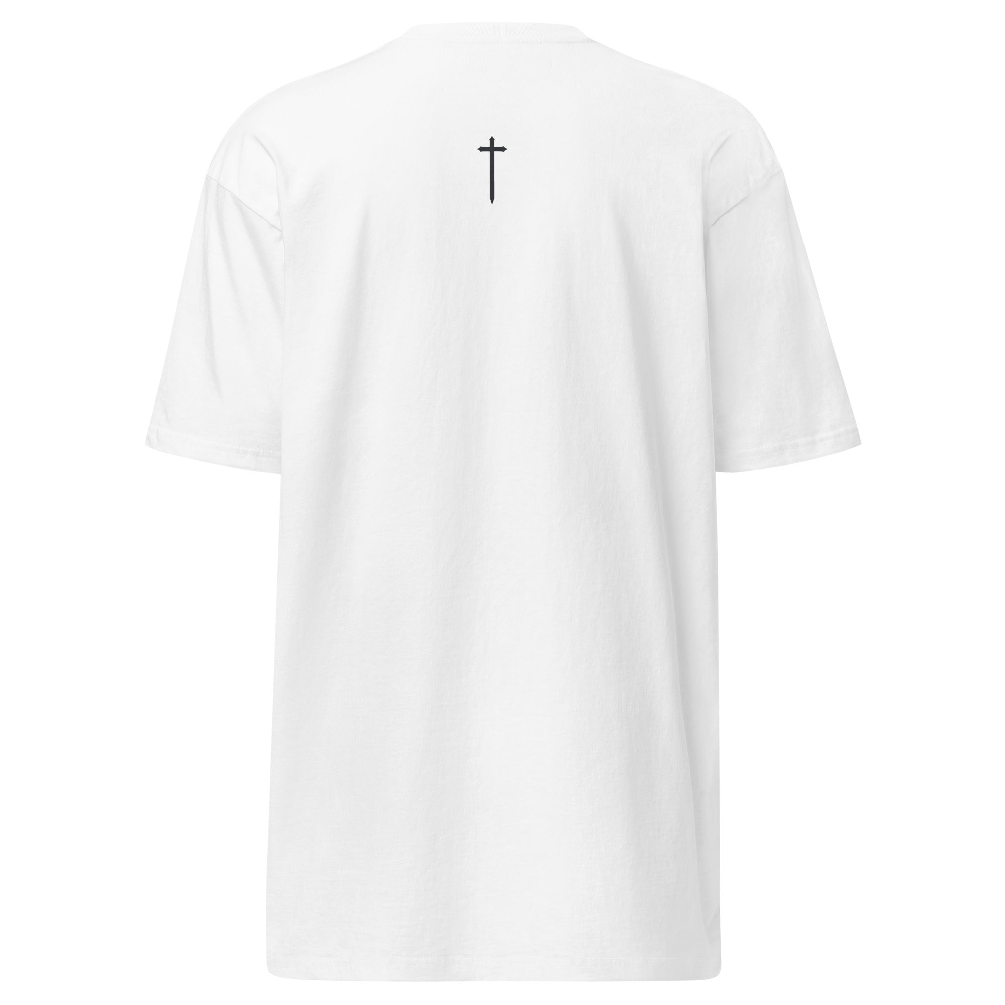 White t-shirt with a small charcoal colored cross that also looks like a sword located on the upper mid-back against a white background