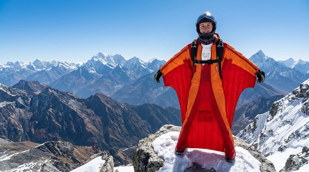 Person in a red wingsuit standing on a mountain peak with snow-capped mountains in the background