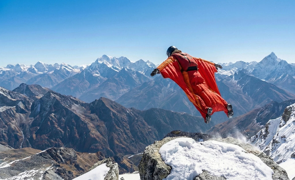 Person in a red cape flying over mountainous landscape with snow-capped peaks.