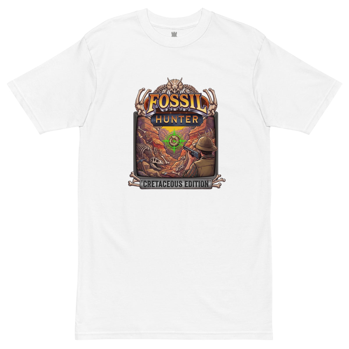 A white 100% cotton short-sleeve crewneck graphic t-shirt printed direct to garment on the front with a colorful graphic of a paleontologist fossil hunter targeting ammonite in his crosshairs with a pump action weapon in a parody of classic arcade hunting games. 