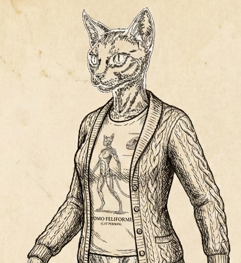 Illustration of a cat-person hybrid wearing a cat person tee shirt 