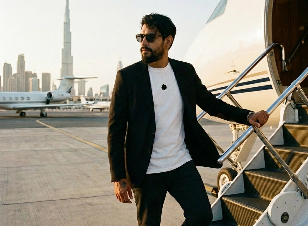 Man boarding a private jet wearing a white tee with a black khatam symbol and the dubai cityscape in the background