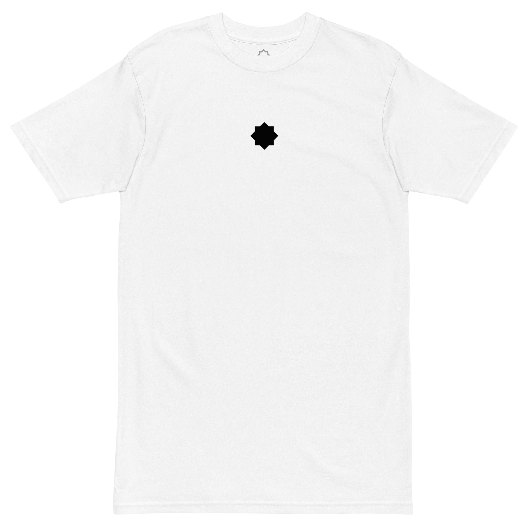 white tee shirt with black khatim symbol on white background
