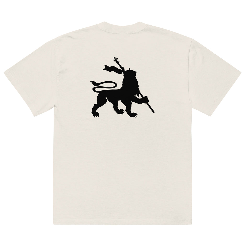 Natural color oversized  t-shirt with a black lion of juda rastafarian graphic on the back against a white background