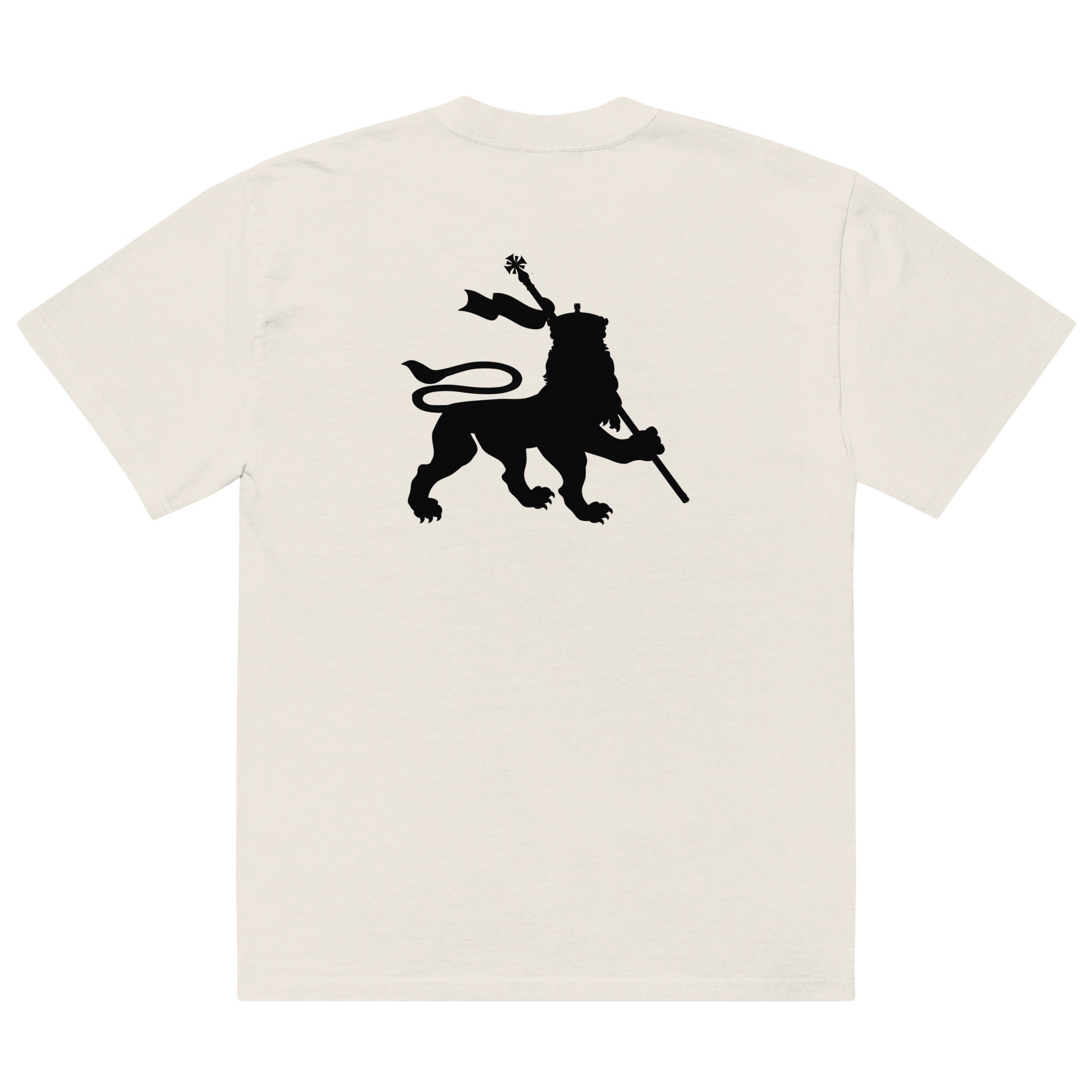 Natural color oversized  t-shirt with a black lion of juda rastafarian graphic on the back against a white background