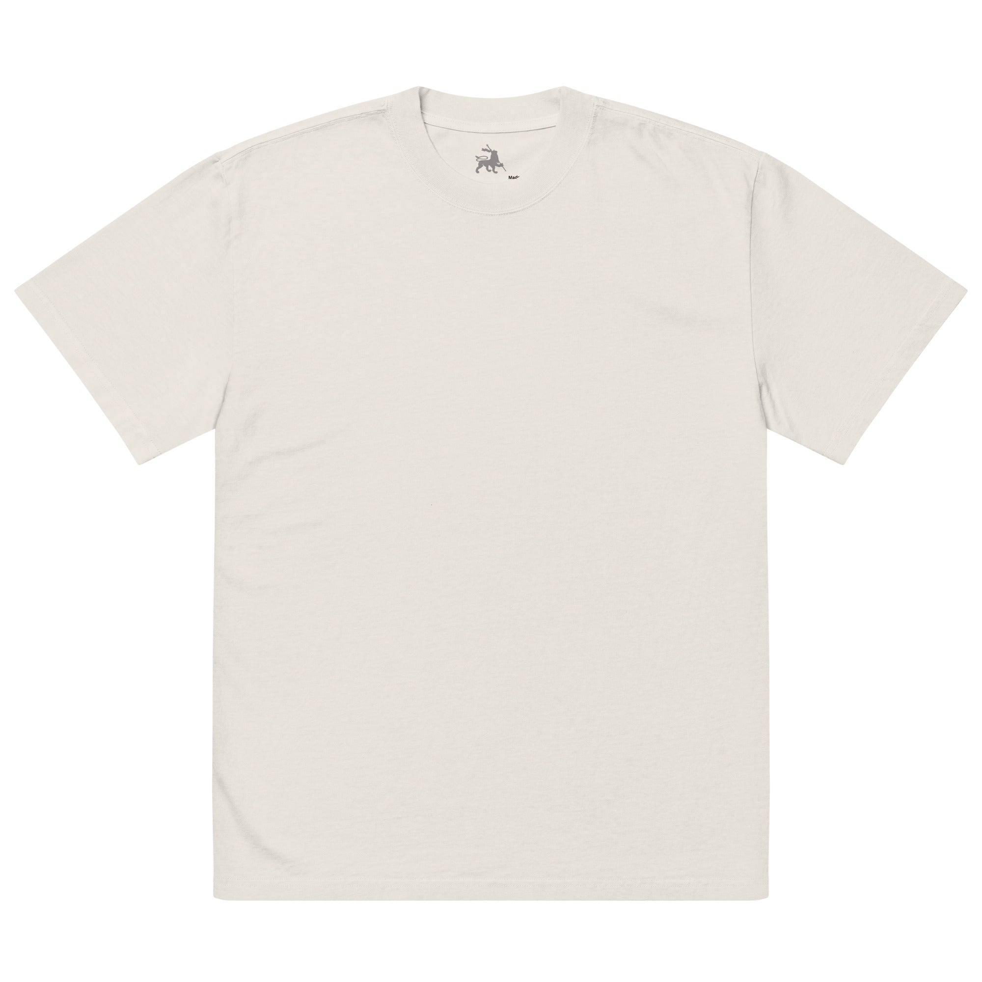 Natural color carded cotton t-shirt with a small logo on a white background