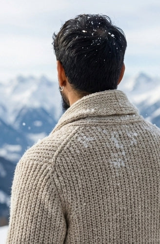 Person wearing a beige knitted sweater with a snowy mountain landscape in the background