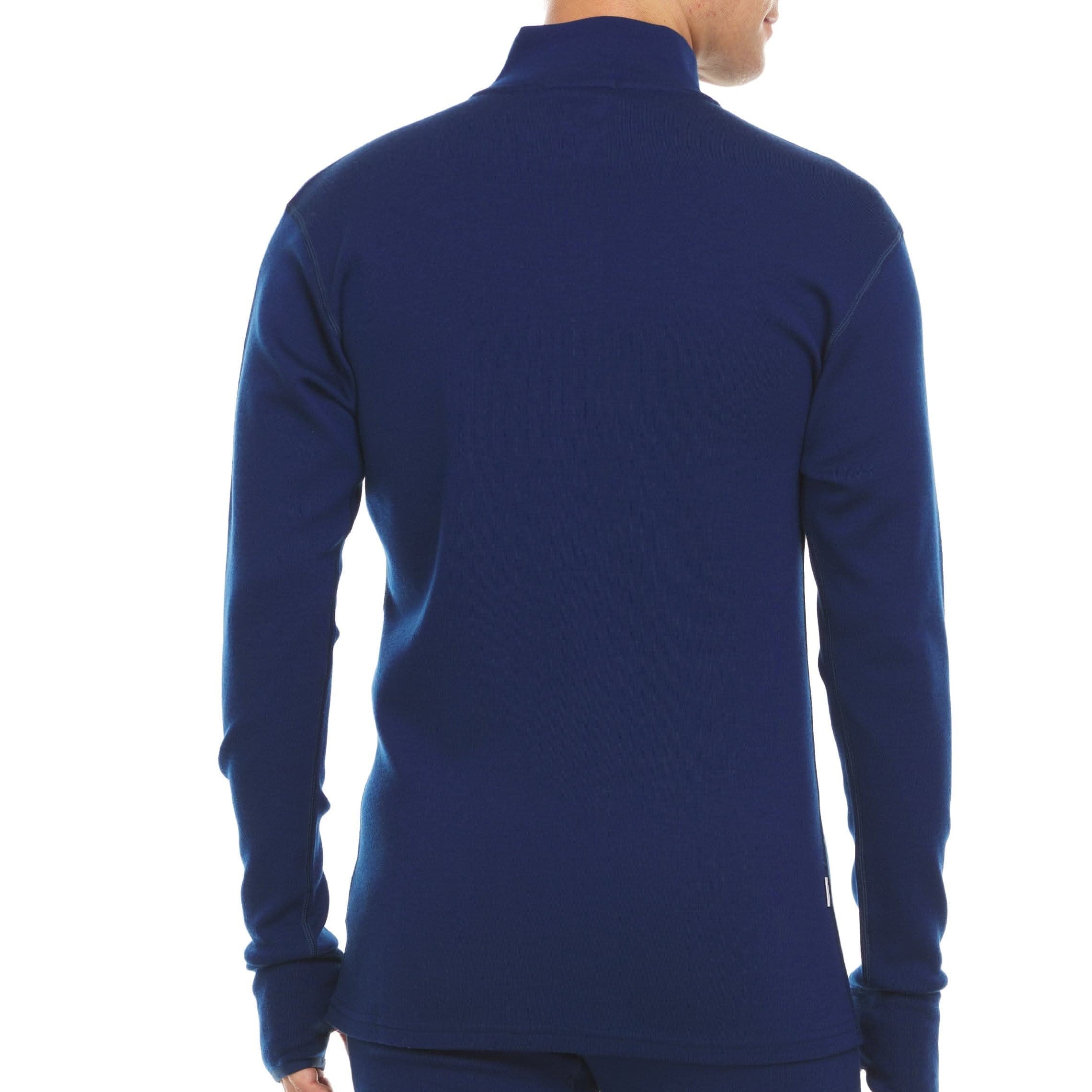 A man wearing a navy blue 100 percent merino wool athletic quarter zip shown from the back against a solid white background.