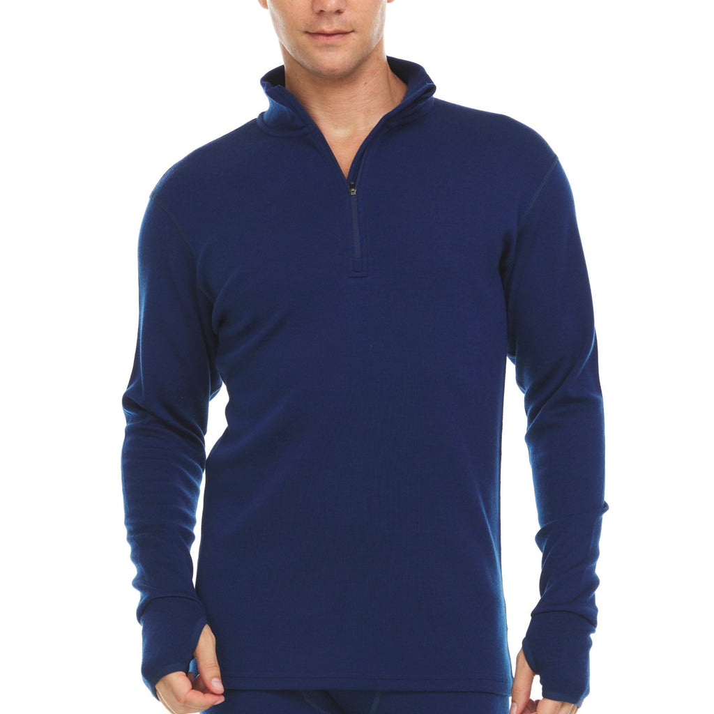 A man wearing a navy blue 100 percent merino wool athletic quarter zip with the collar unzipped shown from the waist up against a solid white background.