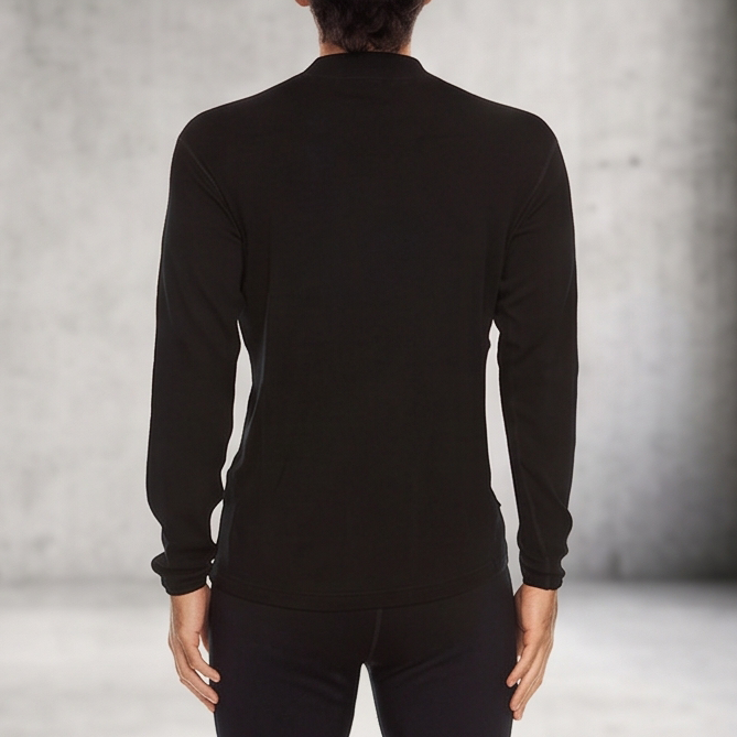 A man wearing a black 100 percent merino wool mock neck shown from the back against a textured grey background.