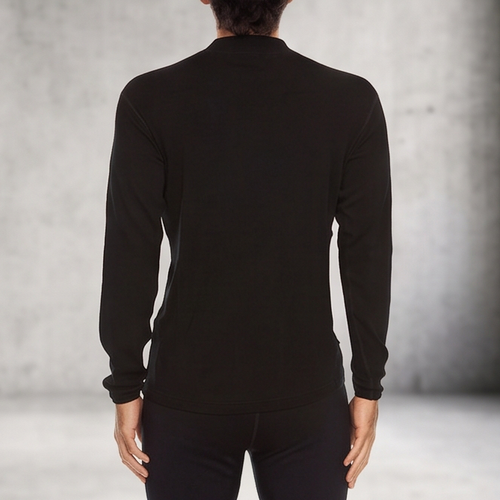 A man wearing a black 100 percent merino wool mock neck shown from the back against a textured grey background.