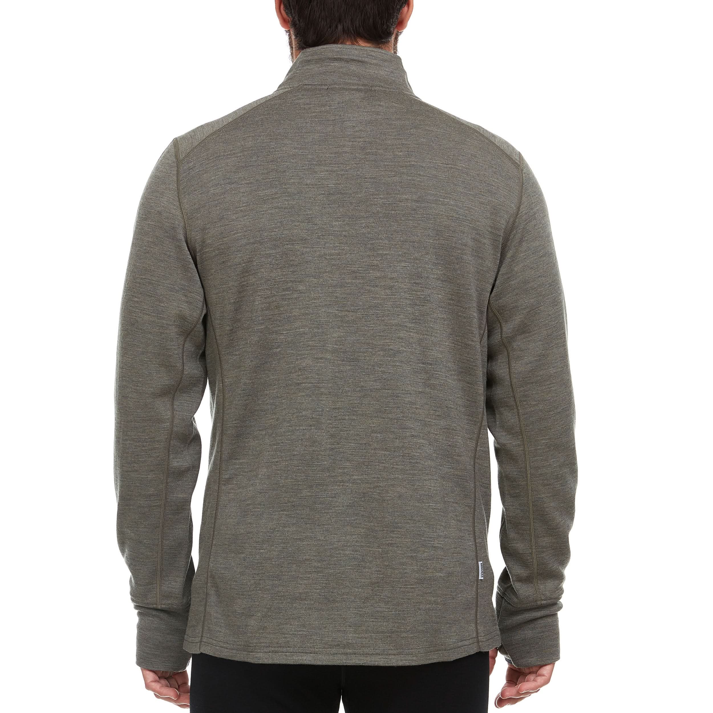 A man wearing a granite green 100 percent merino wool full zip sweater shown from the back against a solid white background.