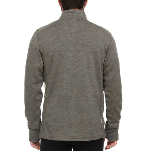 A man wearing a granite green 100 percent merino wool full zip sweater shown from the back against a solid white background.