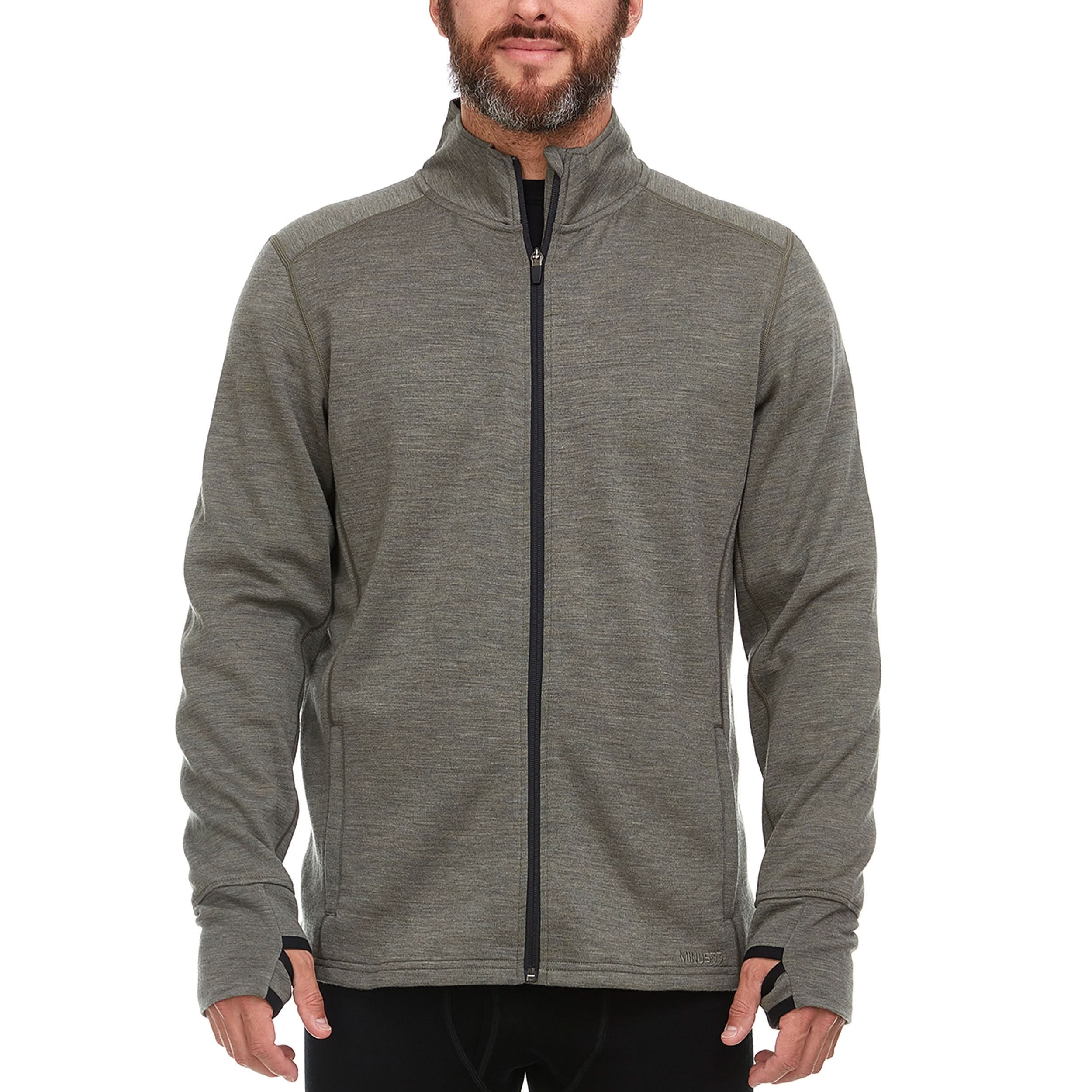 A bearded man wearing a granite green 100 percent merino wool full zip sweater shown from the waist up against a solid white background.