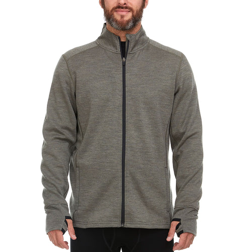 A bearded man wearing a granite green 100 percent merino wool full zip sweater shown from the waist up against a solid white background.