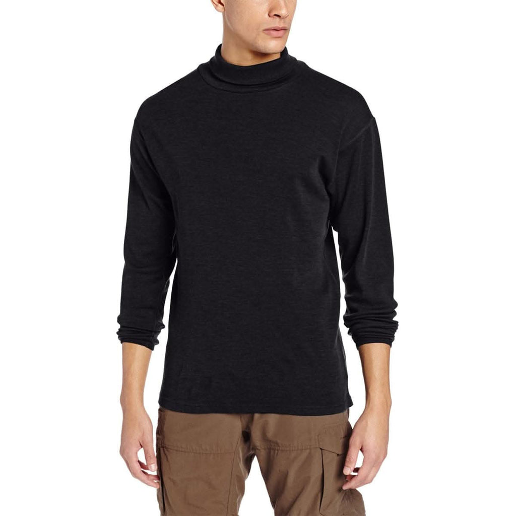 A man wearing a black 100 percent merino wool turtleneck shown from the waist up against a solid white background.