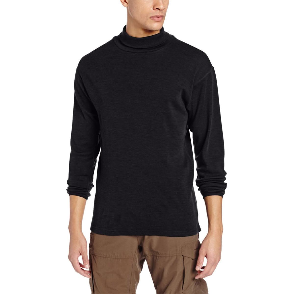 A man wearing a black 100 percent merino wool turtleneck shown from the waist up against a solid white background.