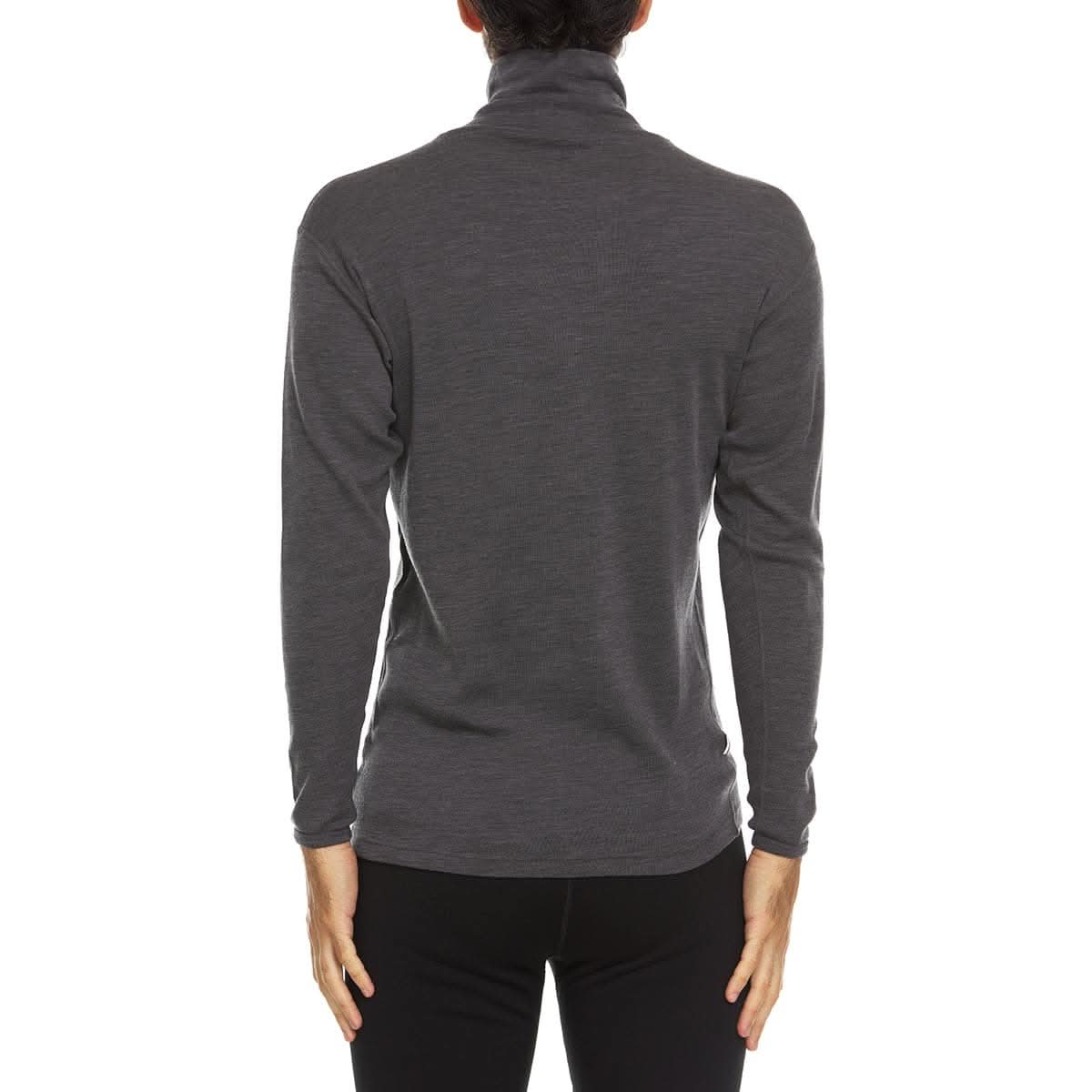 A man wearing a charcoal grey 100 percent merino wool turtleneck shown from the back against a solid white background.