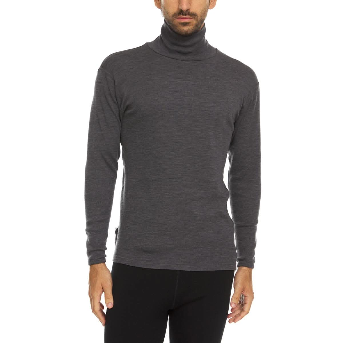 A man wearing a charcoal grey 100 percent merino wool turtleneck shown from the waist up against a solid white background.