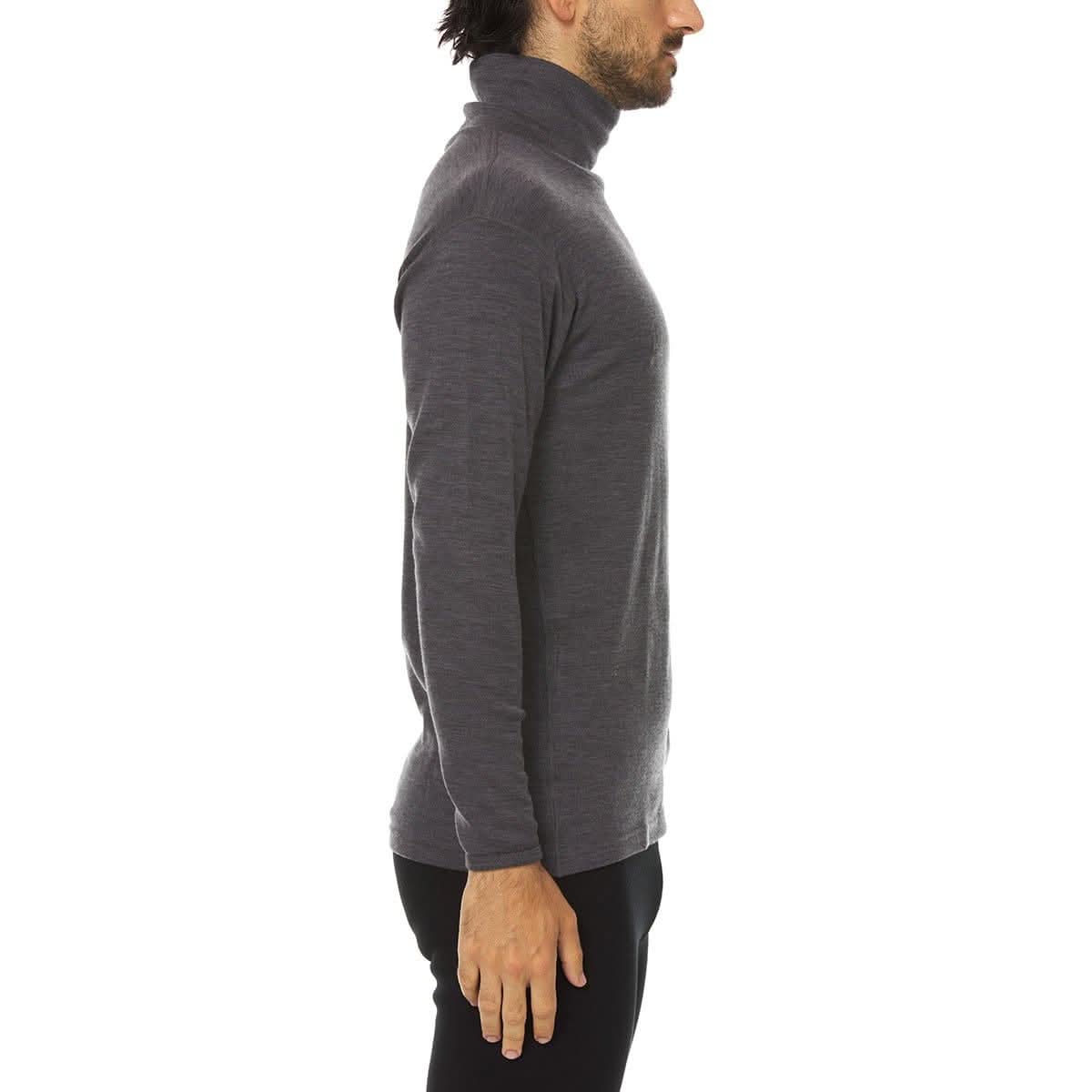 A man wearing a charcoal grey 100 percent merino wool turtleneck shown from the side against a solid white background.