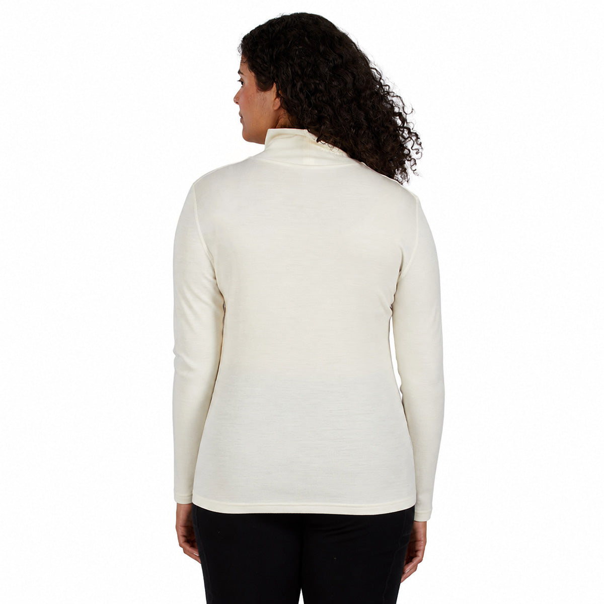A woman wearing a cream 100 percent merino wool turtleneck shown from the back against a solid white background.
