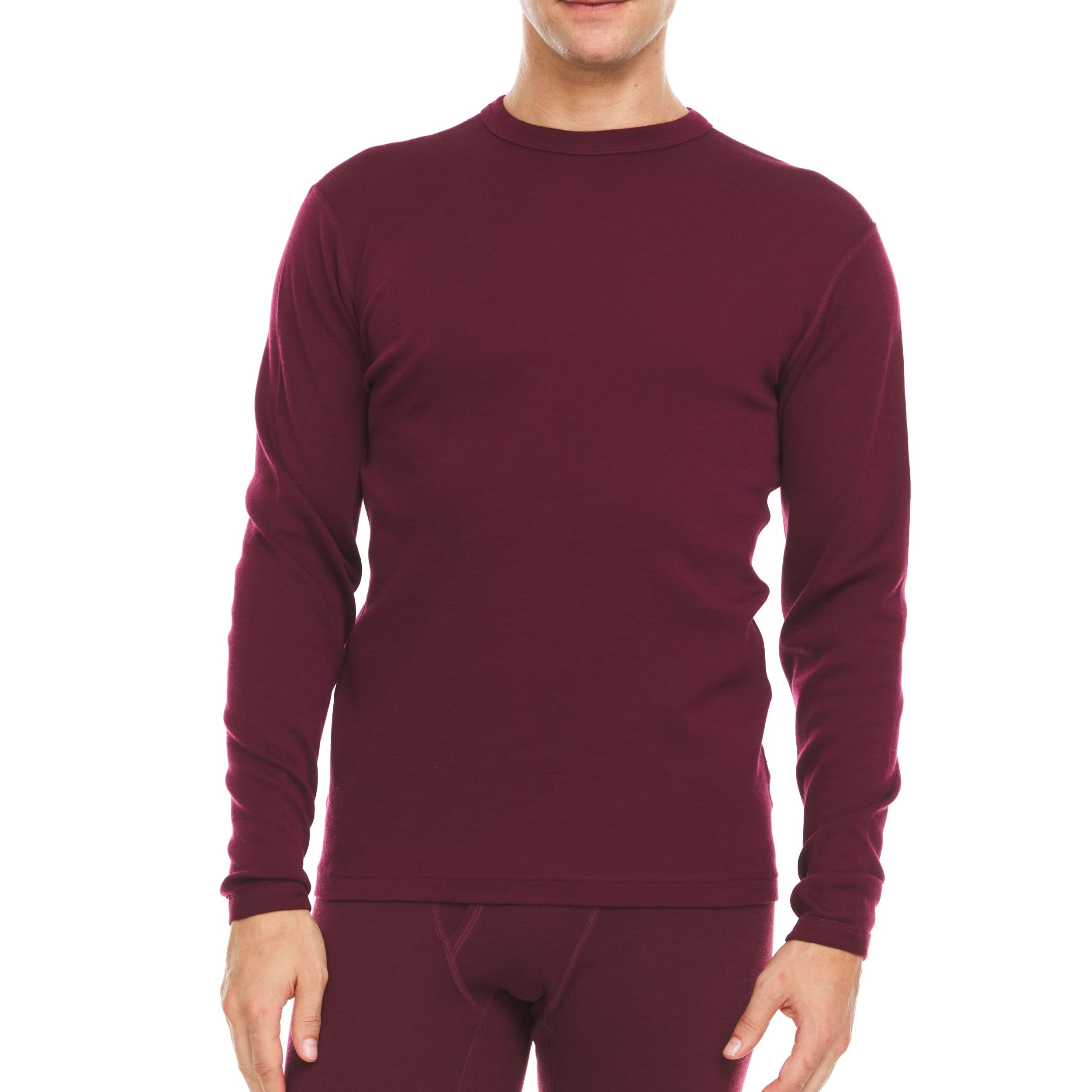 Man wearing a burgundy long-sleeve 100% merino wool base layer top  on a white background
