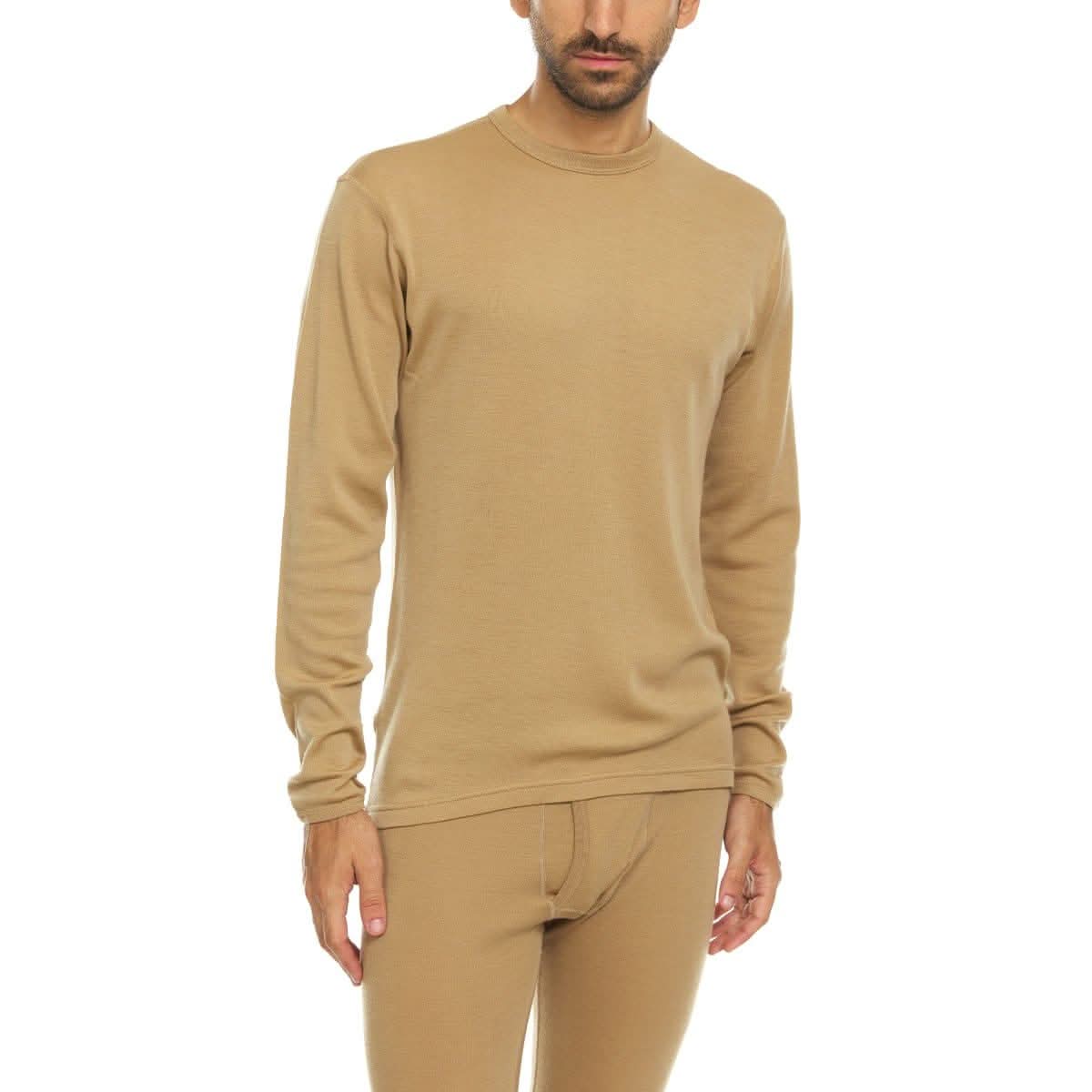 Man wearing a desert sand long-sleeve 100% merino wool base layer top  on a white background
