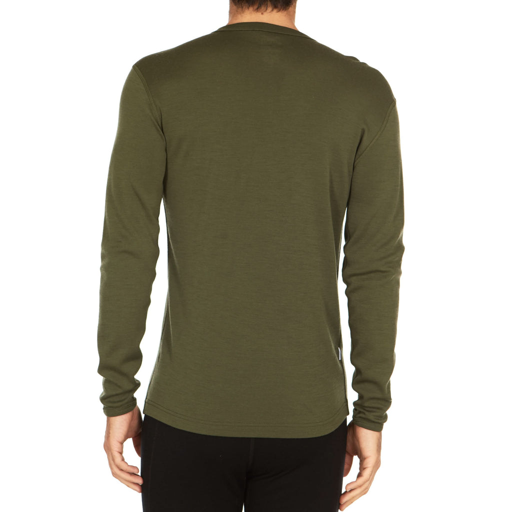 Green long-sleeve 100%merino wool base layer top for men on a white background