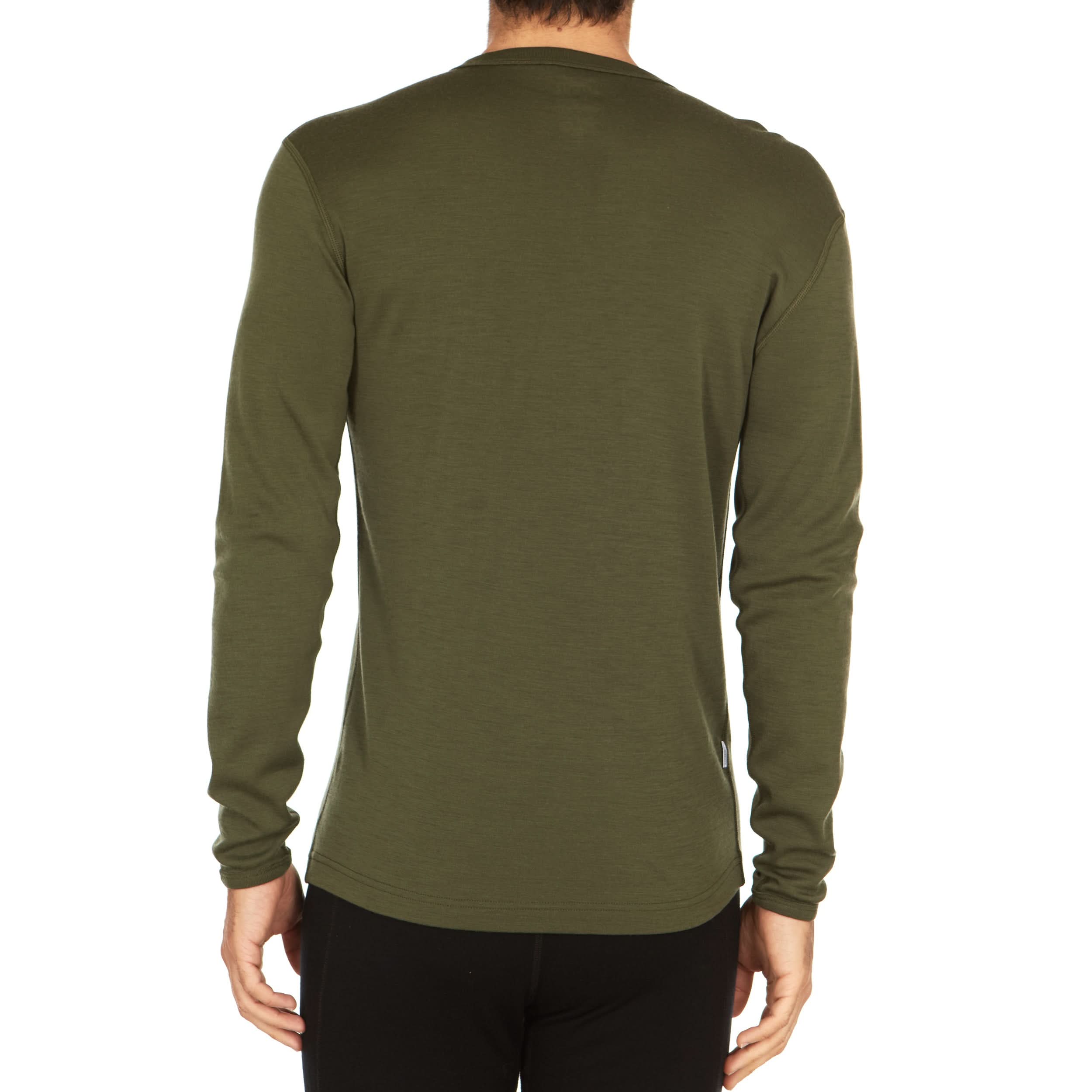 Green long-sleeve 100%merino wool base layer top for men on a white background