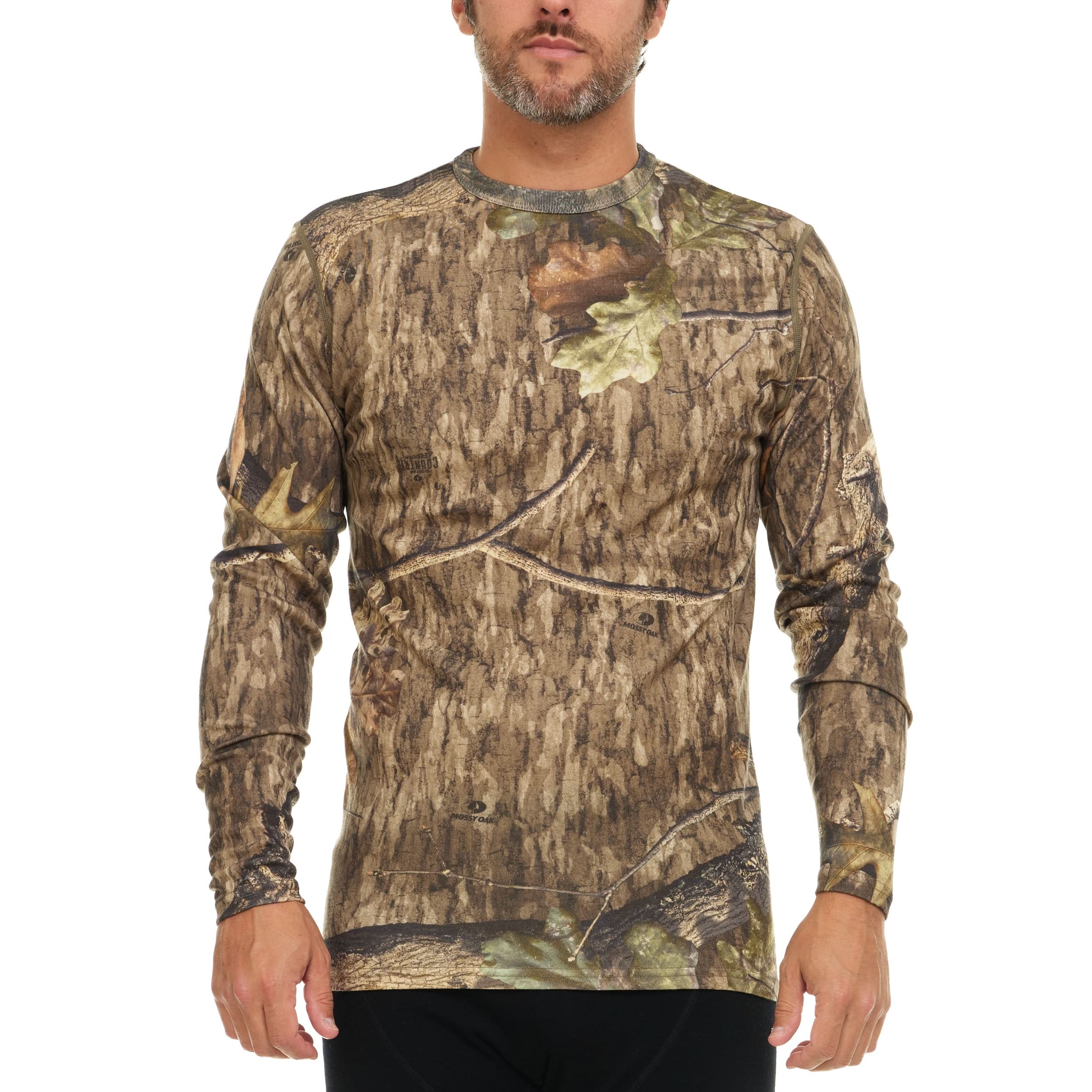 Man wearing a camouflage long-sleeve 100% merino wool base layer top on a white background