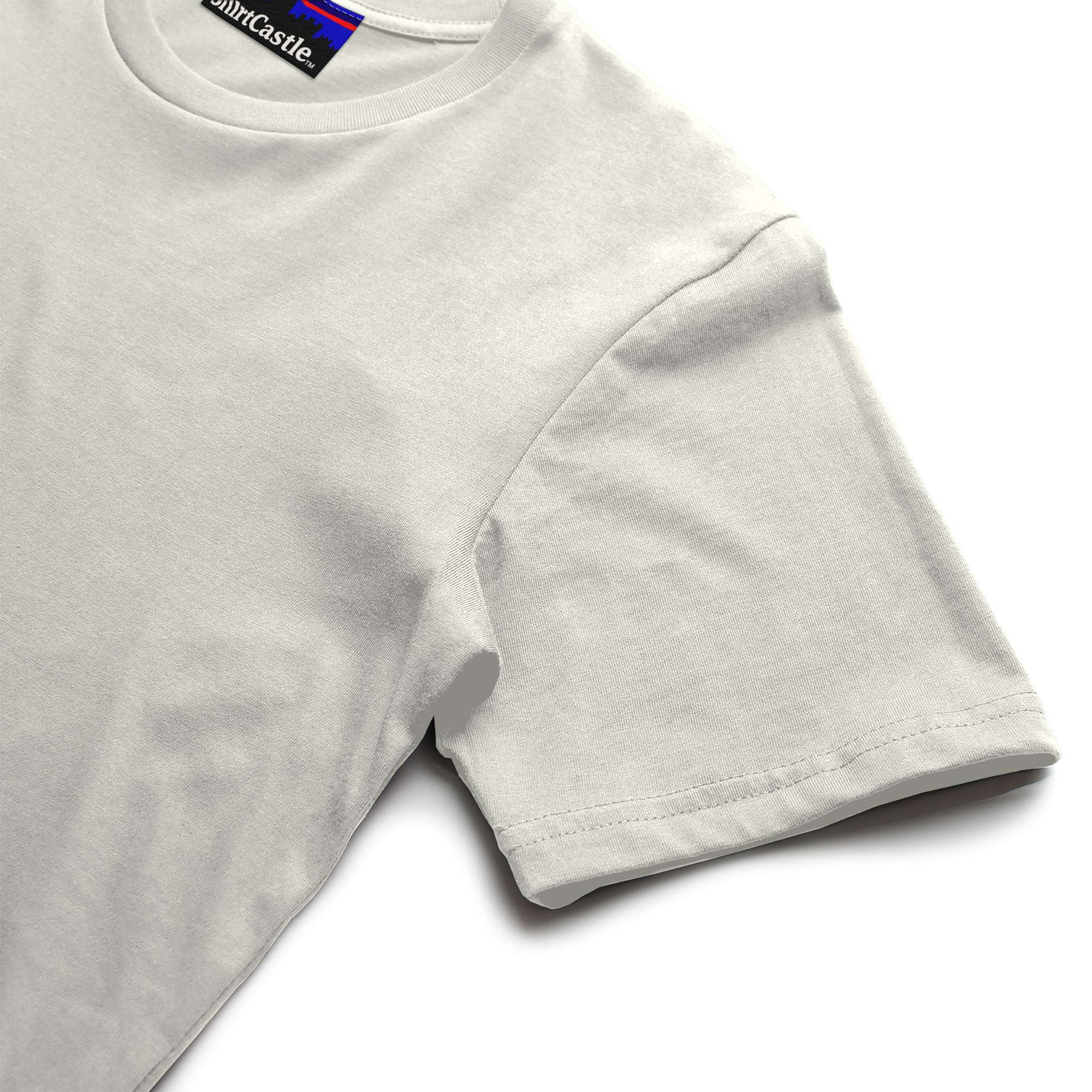 Natural color t-shirt with a brand label on a white background