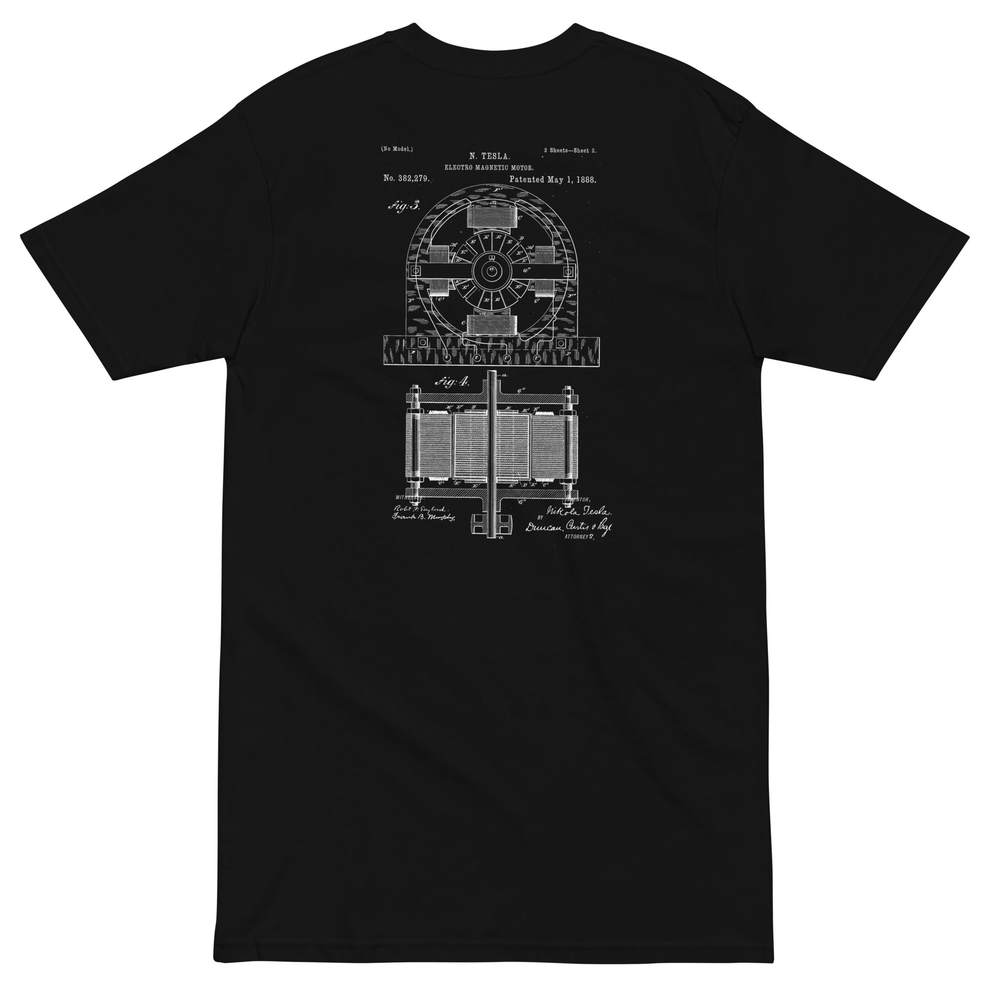 a black t shirt with white nikola tesla patent exhibit drawing