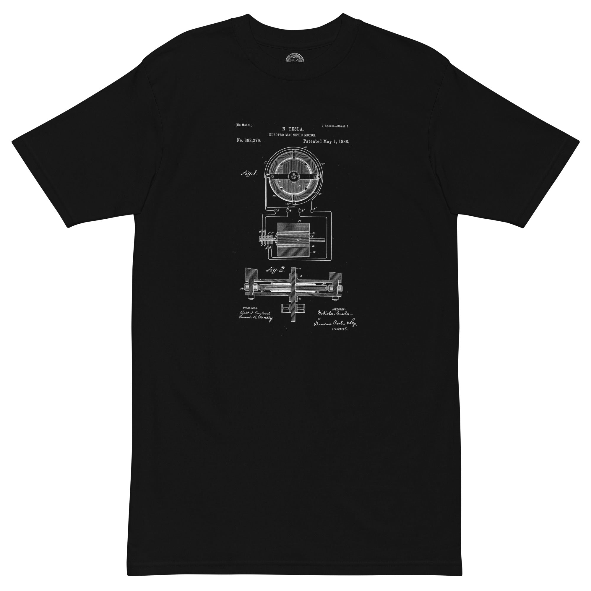 a black t shirt with white nikola tesla patent exhibit drawing