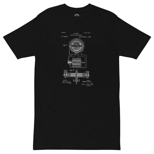 a black t shirt with white nikola tesla patent exhibit drawing