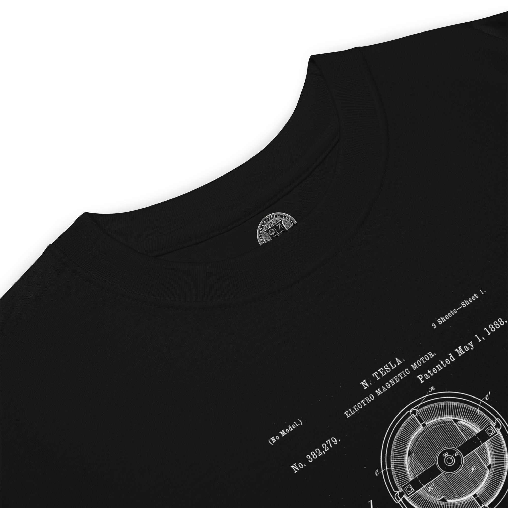 closeup of black tee neck detail on white backdrop