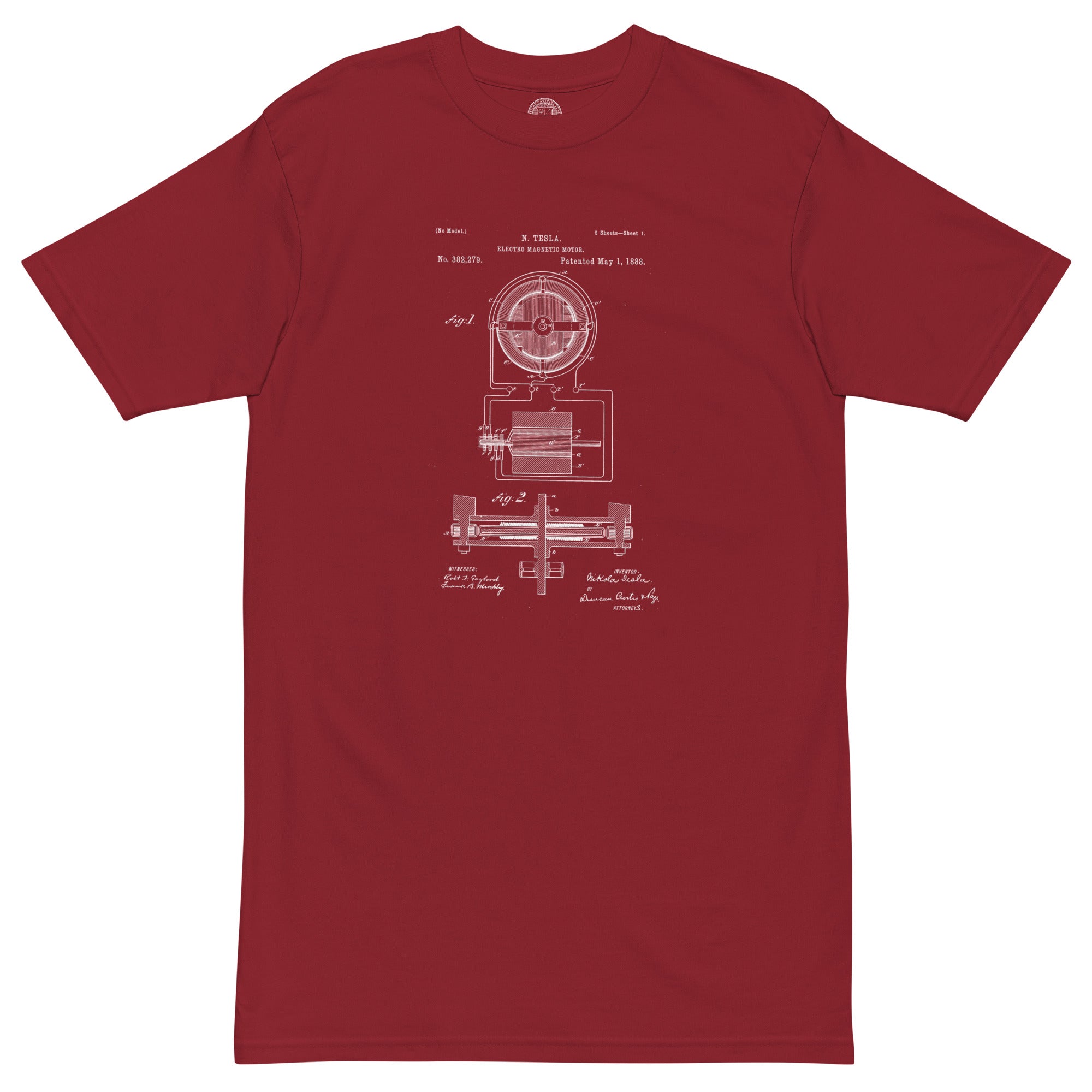 Red t-shirt with NIkola Tesla technical diagram on a white background