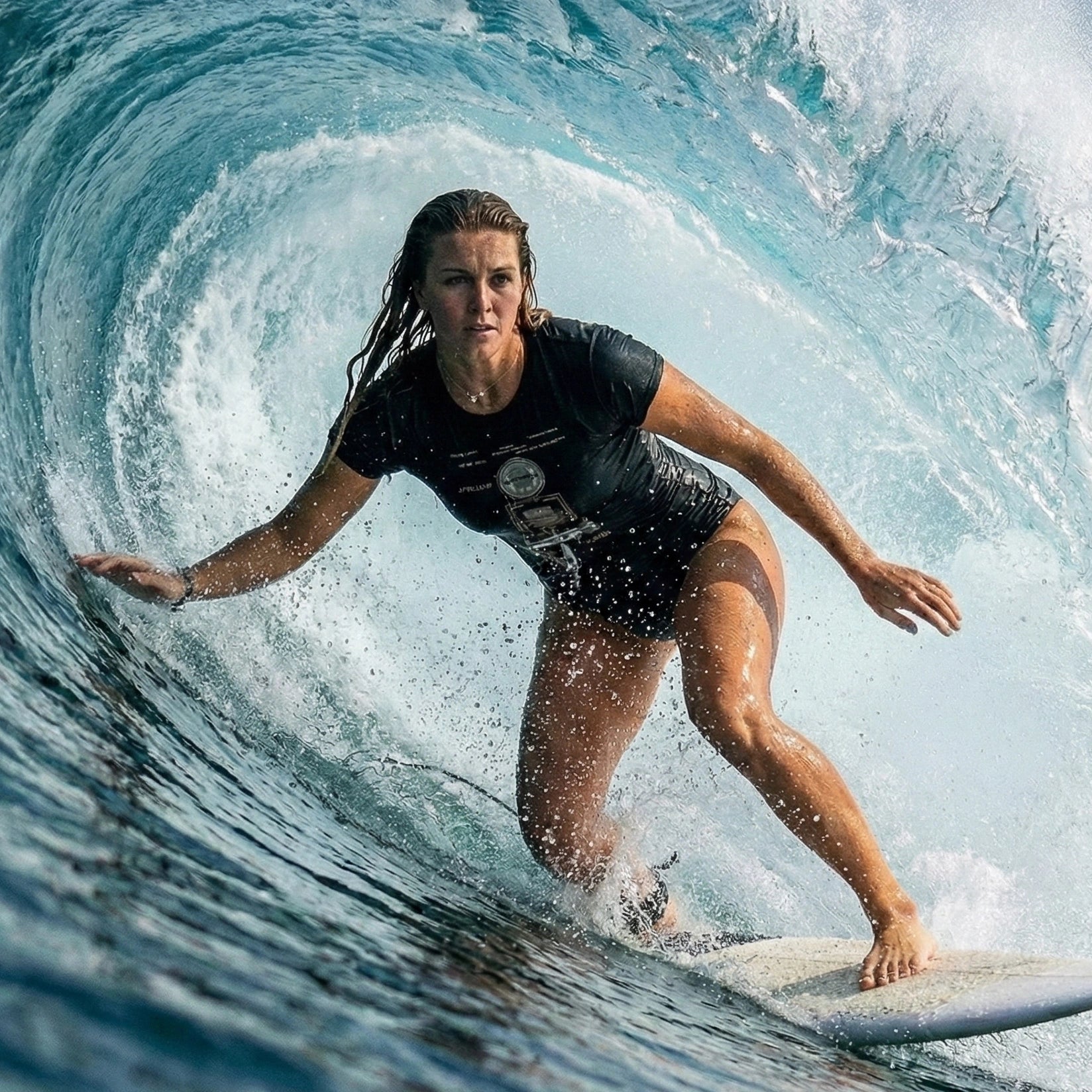 Woman surfing inside a wave tunnel wearing a nikola tesla patent T shirt