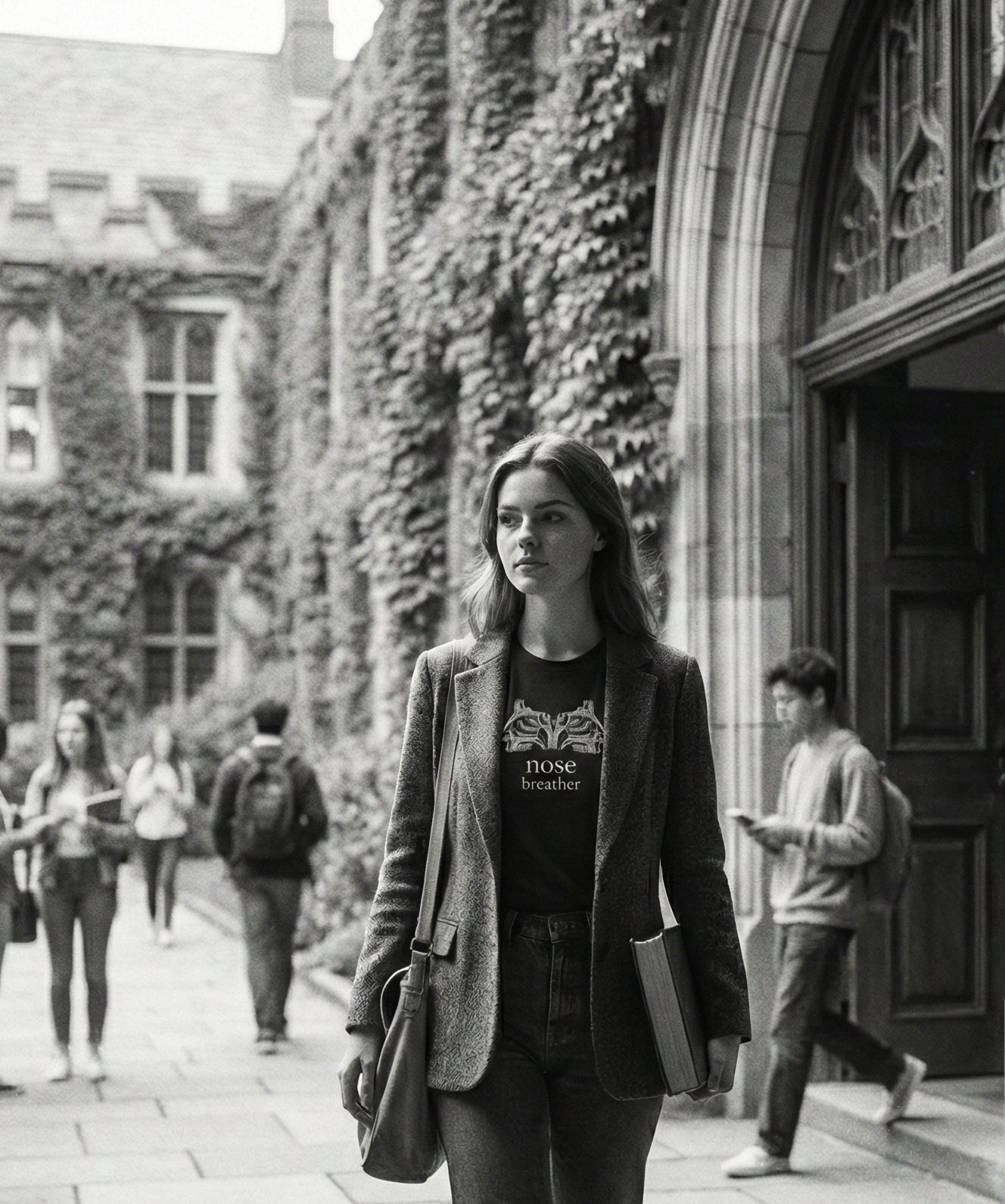 Woman wearing  a Shirtcastle Nose Breather T-shirt walking on a college campus with ivy-covered walls and other students in the background.