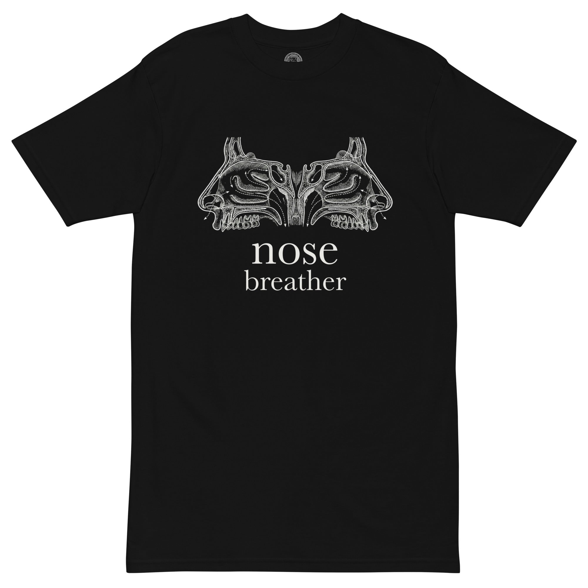 Black t-shirt with a nose breather graphic design and text on a white background