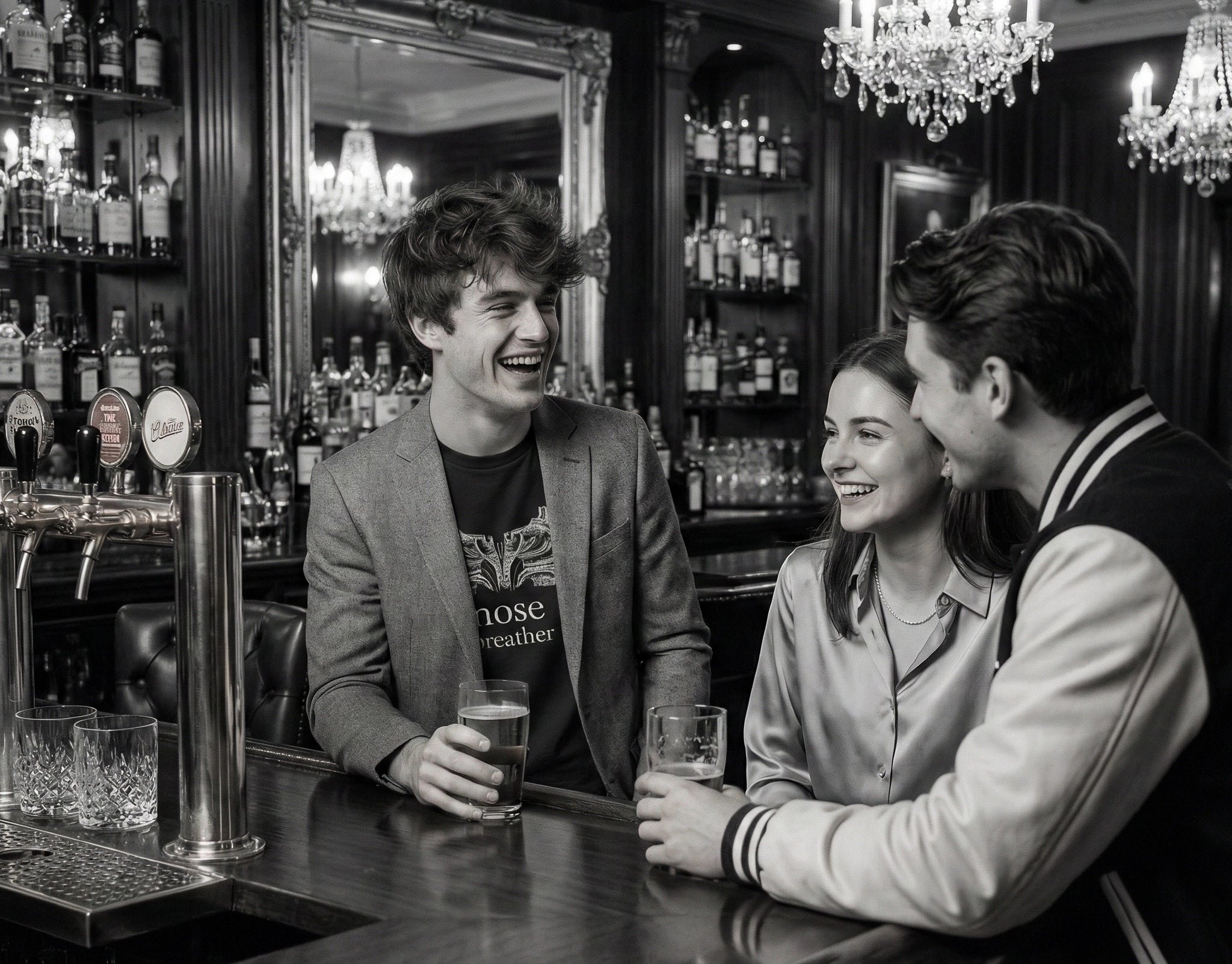 Three people sitting at a bar, enjoying drinks together, with one wearing a nose breather tshirt